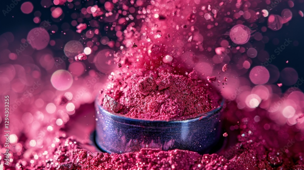 Leinwandbilder Bright pink powder erupts from a container, creating a stunning visual effect with tiny particles dancing in the air against a soft, blurred backdrop filled with colorful bokeh lights.