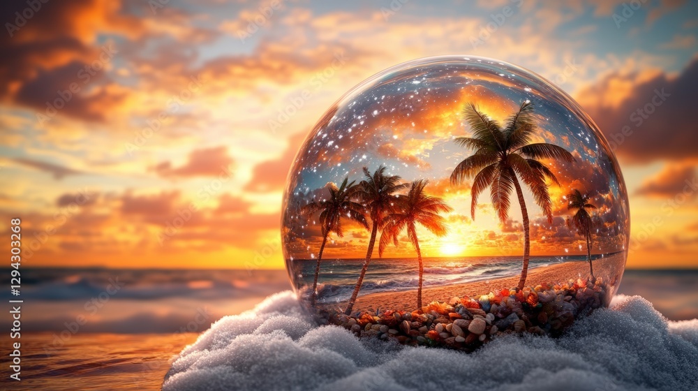 Poster snow globe featuring palm trees with sunset scenery in a beach setting on a clear background