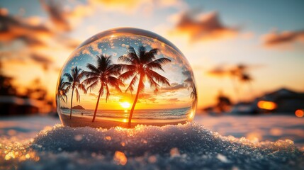 Snow globe featuring palm trees and a serene beach scene encased in glass with snowflakes