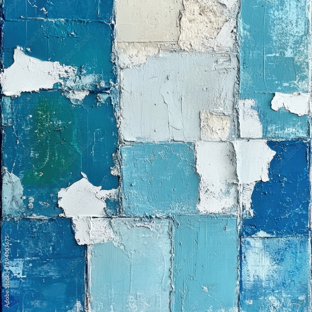 Poster abstract painting with textured blue and white squares creating a serene and modern artistic backgro