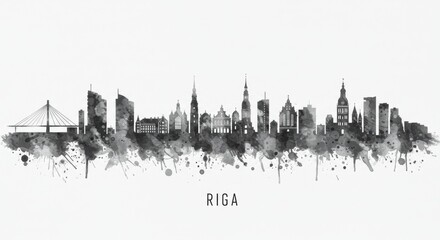 Obraz premium Artistic black and white riga skyline silhouette with watercolor texture
