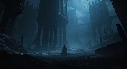 Fototapeta premium Mysterious gothic ruins at night with lone traveler in ethereal moonlight