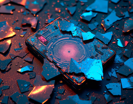 Iridescent shattered identity cards with biometric scan fragments, evoking themes of cyberpunk espionage and digital identity manipulation.