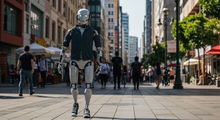 Urban robot strolling in city center on a busy day