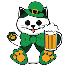 Lucky leprechaun cat in a green hat celebrates St Patrick's Day with a shamrock