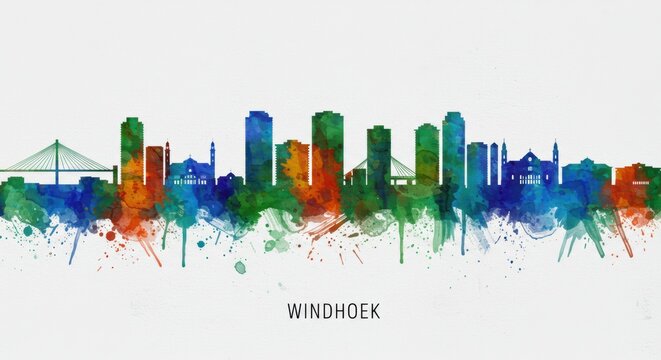 Colorful watercolor skyline of windhoek with abstract urban silhouettes and splash art