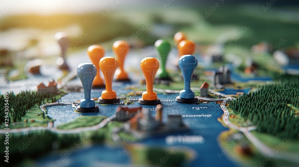 Poster close up of a map featuring various orange and blue pins indicating different locations and points o