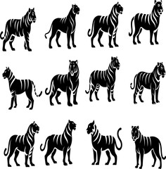 Obraz premium Flat tiger vector set – graceful standing tiger poses in a clean, modern style. Ideal for wildlife icons, animal logo design, branding, and graphic illustration packs.