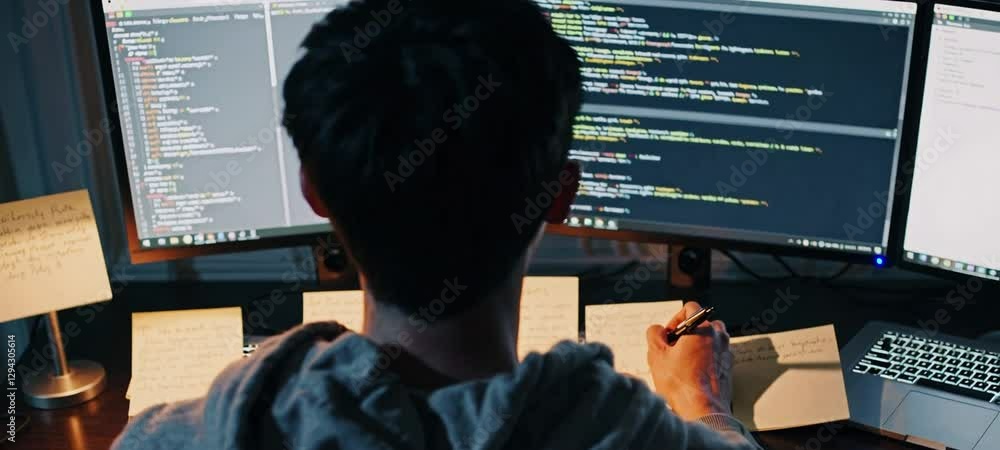 Poster focused developer coding at dual monitors in a calm workspace setting
