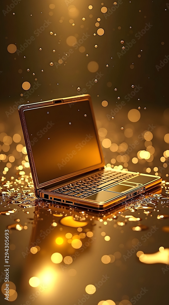 Poster a laptop sits on a reflective surface covered in golden droplets, with a warm bokeh background creat