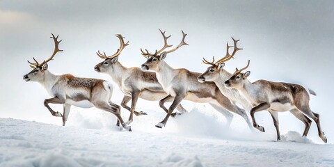 Obraz premium Reindeer Leap: Joyful Snow Jump Against a Pristine White Background - Winter Wonderland Stock Photo