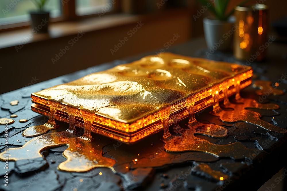Poster a shiny golden object sits on a textured surface, dripping with a gooey substance. the warm light en