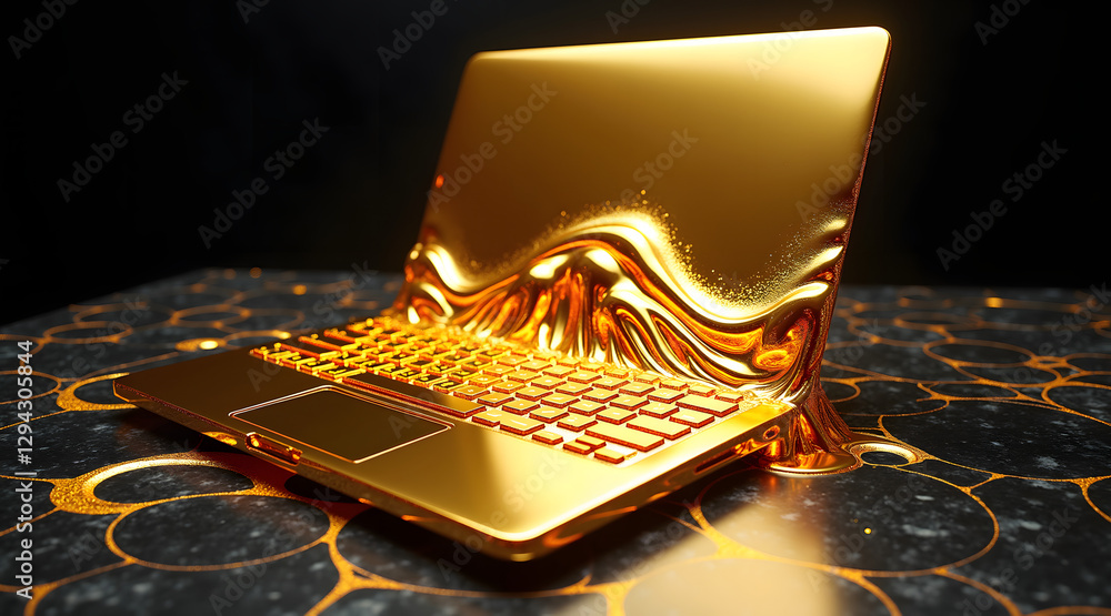 Poster a metallic golden laptop appears to be melting or flowing on a marble-like surface, creating an abst