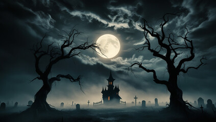 Fototapeta premium A dark, grunge-style Halloween landscape featuring a haunting silhouetted against a glowing full moon.
