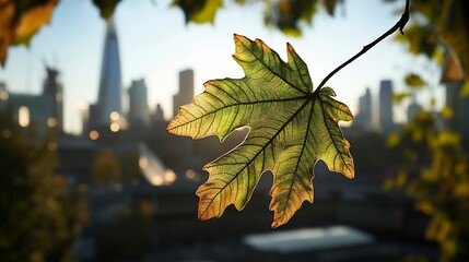 Autumn Leaf Silhouette Against City Skyline