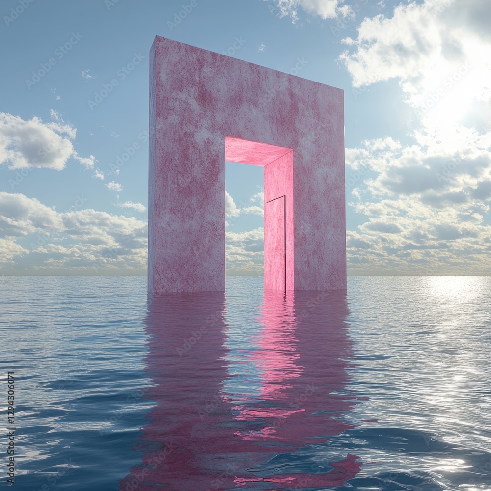 Poster surreal pink portal in serene ocean under a bright sky with fluffy clouds creating a dreamy and ethe