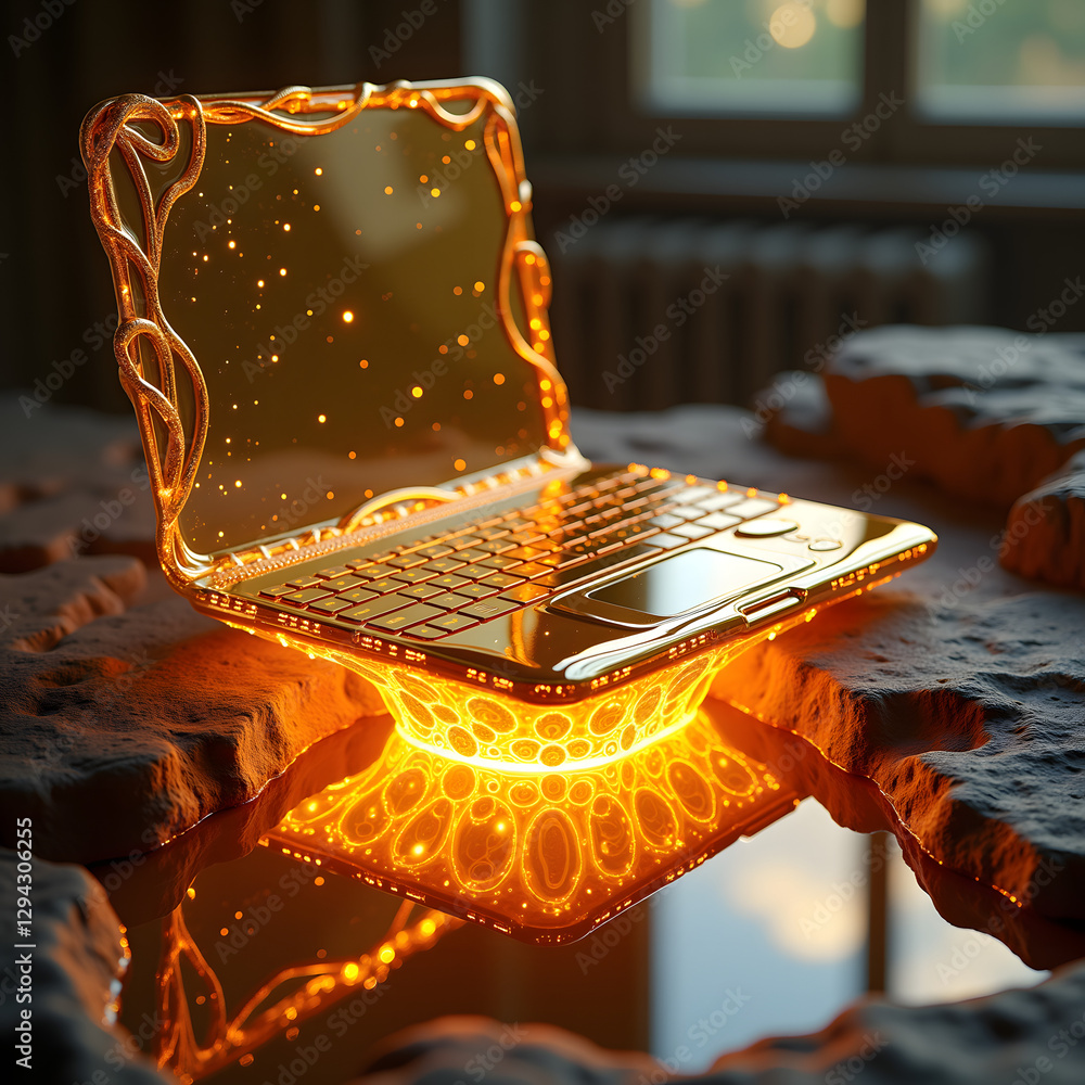 Poster a glowing laptop made of intricate patterns sits on a reflective surface, illuminating the surroundi
