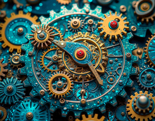 Fototapeta premium Liquid crystal clockwork gears with holographic steampunk mechanics, blending brass and cyan fusion in an intricate, futuristic design.