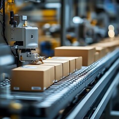 Automated Production Line with Packages on Conveyor Belt System