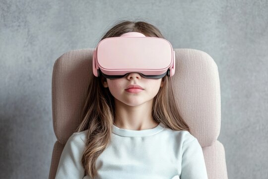 A young girl wearing a pink VR headset, experiencing immersive virtual reality. - Powered by Adobe