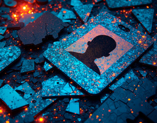 Iridescent shattered identity cards with biometric scan fragments, evoking themes of cyberpunk espionage and digital identity manipulation.