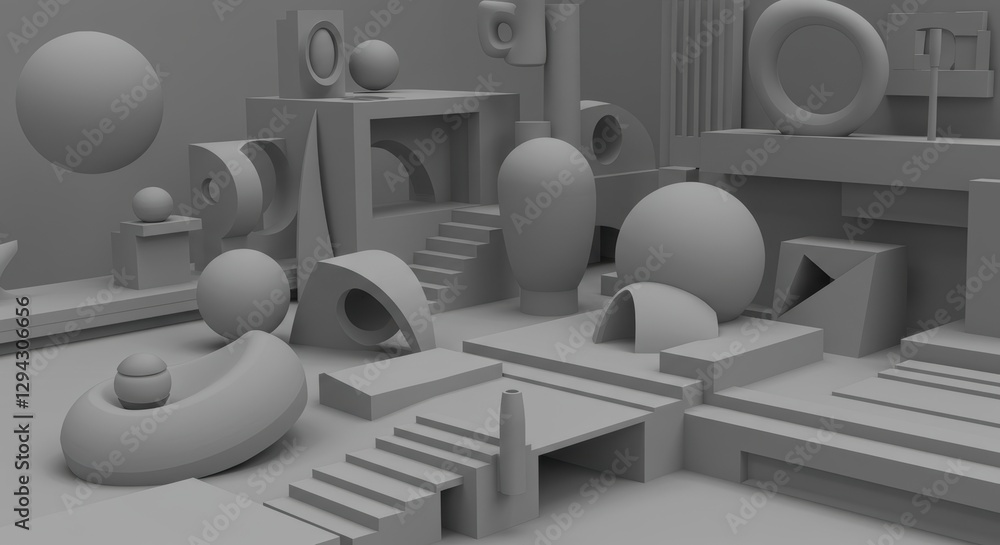 Poster abstract geometric shapes in futuristic monochrome setting with spheres and steps