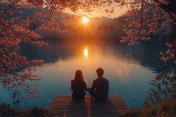 Couple enjoying spring equinox sunset on a lake pier. Generative ai ilustration