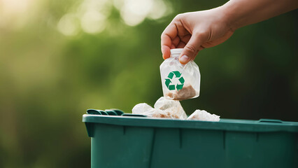 A hand placing organic waste into a compost bin, symbolizing eco-conscious recycling