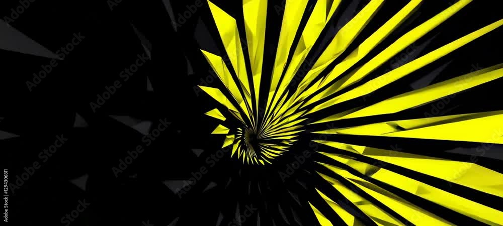 Poster dynamic transformation of yellow and black geometric shapes creating a striking kaleidoscopic effect