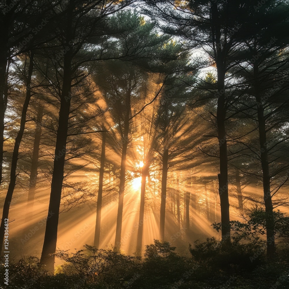 Poster enchanting forest scene with sun rays piercing through tall trees creating a magical and ethereal at
