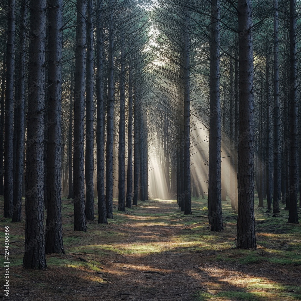 Poster serene forest scene with sun rays filtering through tall trees creating a peaceful and magical atmos