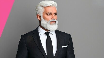 Stylish Mature Man with Silver Hair and Beard in Formal Suit