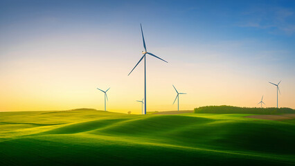 Wind turbines on a rolling green landscape at sunrise, representing renewable energy