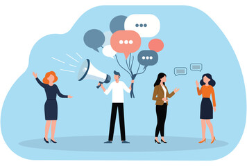 Business communication and marketing concept illustration. Teamwork, social media networking, public relations, and collaboration. People discussing ideas with speech bubbles and a megaphone.