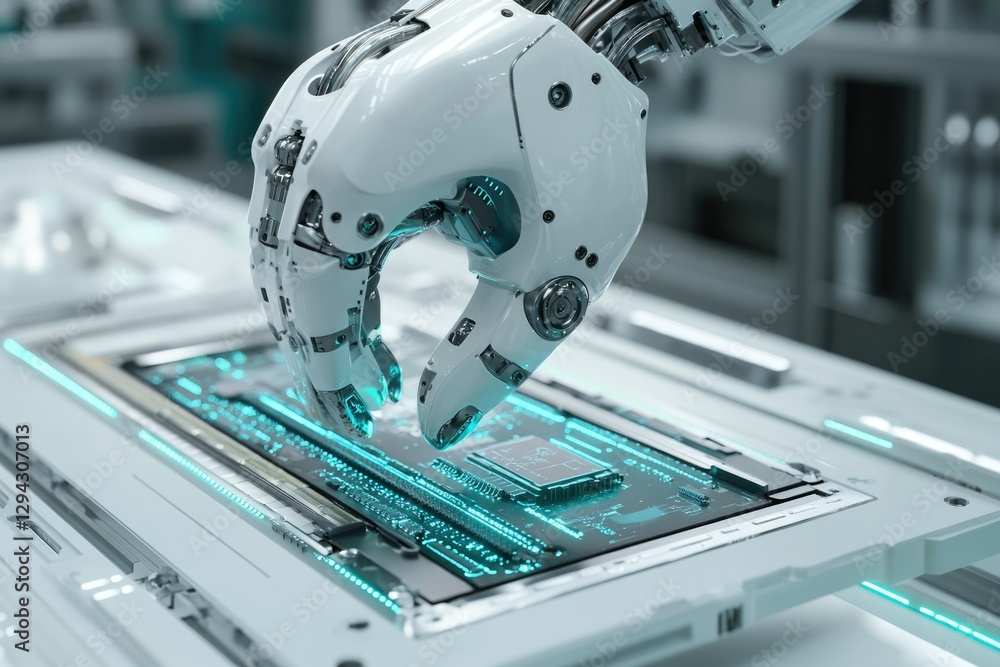 Poster a robotic hand delicately places a microchip onto a circuit board, showcasing advanced automation in