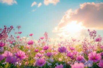 Serene Cosmos Field Bathed in Golden Sunlight Under a Tranquil Blue Sky Capturing Nature's Beauty and Floral Harmony
