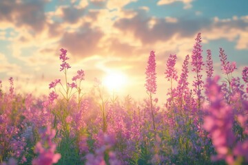 Captivating pink wildflower meadow at sunset with a soft focus creates a dreamy and romantic atmosphere in nature photography