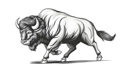 Powerful bison charging forcefully across the prairie captured in a dramatic vintage Western engraving style with bold dynamic strokes and a strong sense of energy and motion