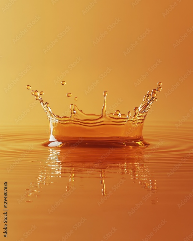 Poster golden liquid crown splash capturing dynamic movement and reflection in fluid surface with warm tone