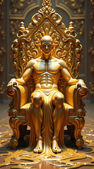 Fototapeta premium A golden statue of a muscular man sits regally on an ornate throne, showcasing intricate designs and a luxurious atmosphere in a grand setting