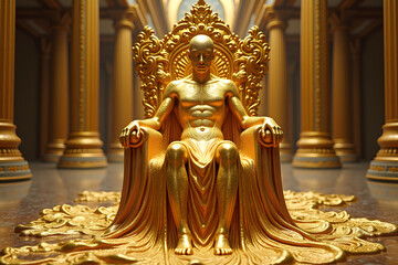 Fototapeta premium A majestic golden statue of a muscular figure seated on an ornate throne, surrounded by grand architecture, exuding power and elegance