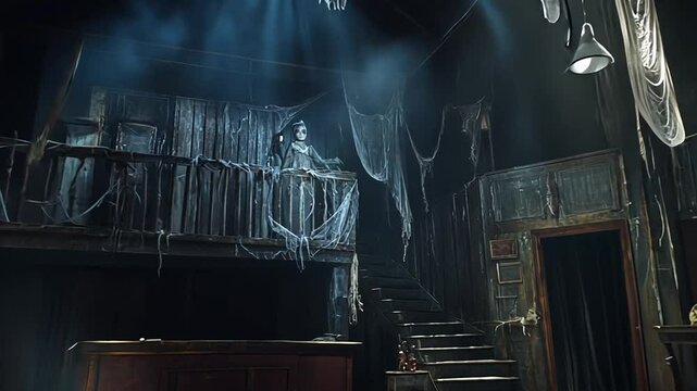 Mysterious abandoned theatre stage with cobwebs and spooky atmosphere
