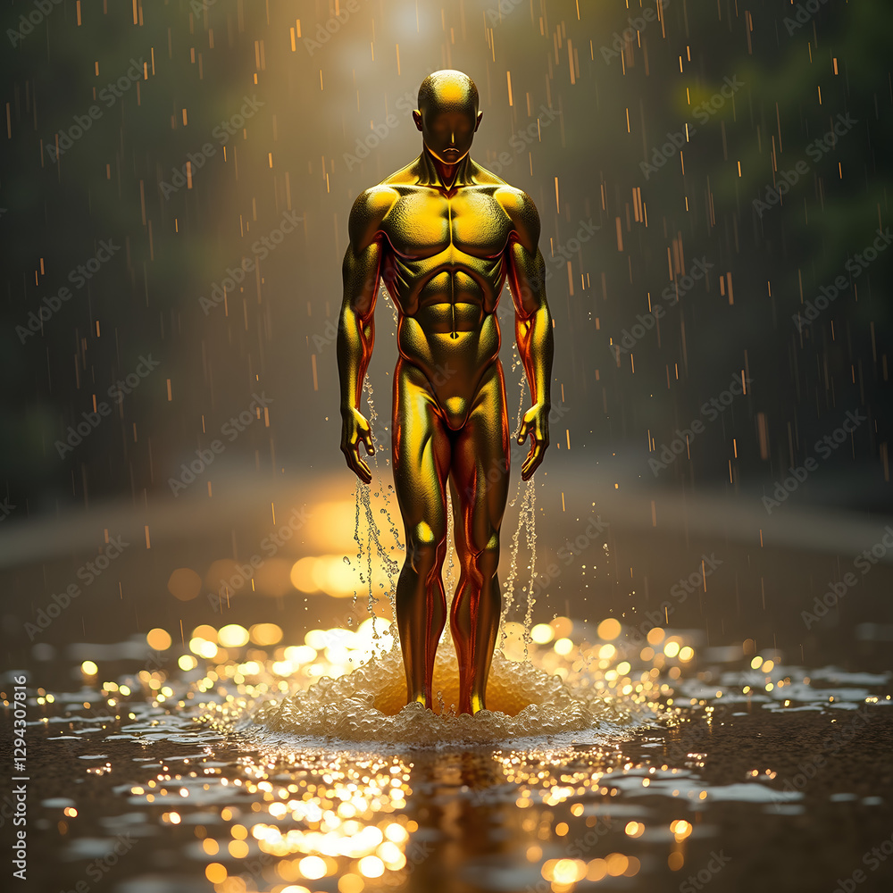 Poster a golden humanoid figure stands in water, illuminated by soft sunlight filtering through trees, crea