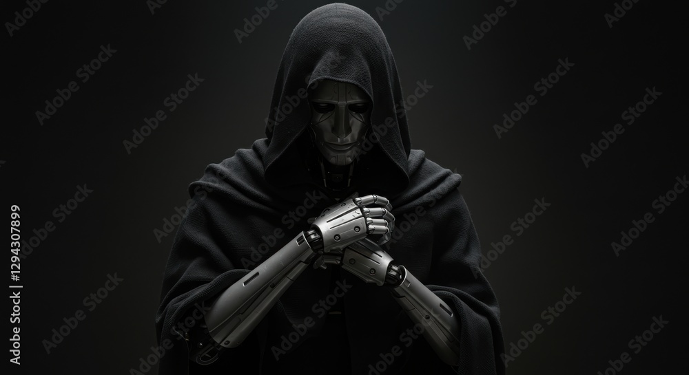 Poster futuristic hooded robot with clasped hands in dark mysterious setting