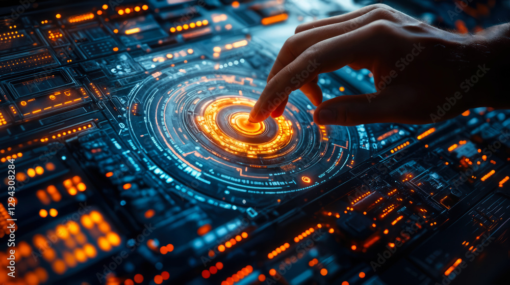 Poster futuristic interface touch controls for software as a service automation in digital technology