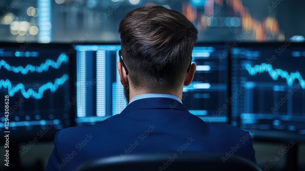 Poster crypto trader analyzing market data in front of multiple screens