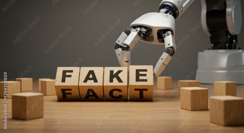Poster robot hand interacting with blocks spelling fake and fact: concept of misinformation and ai influenc