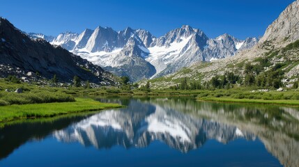 Serene Lake Reflecting Snow-Capped Mountains in Clear Blue Sky