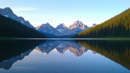 Serene Crystal Clear Lake Reflecting Majestic Mountains at Dawn