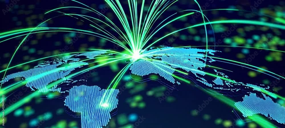 Poster global network connectivity displaying dynamic data transfer across continents